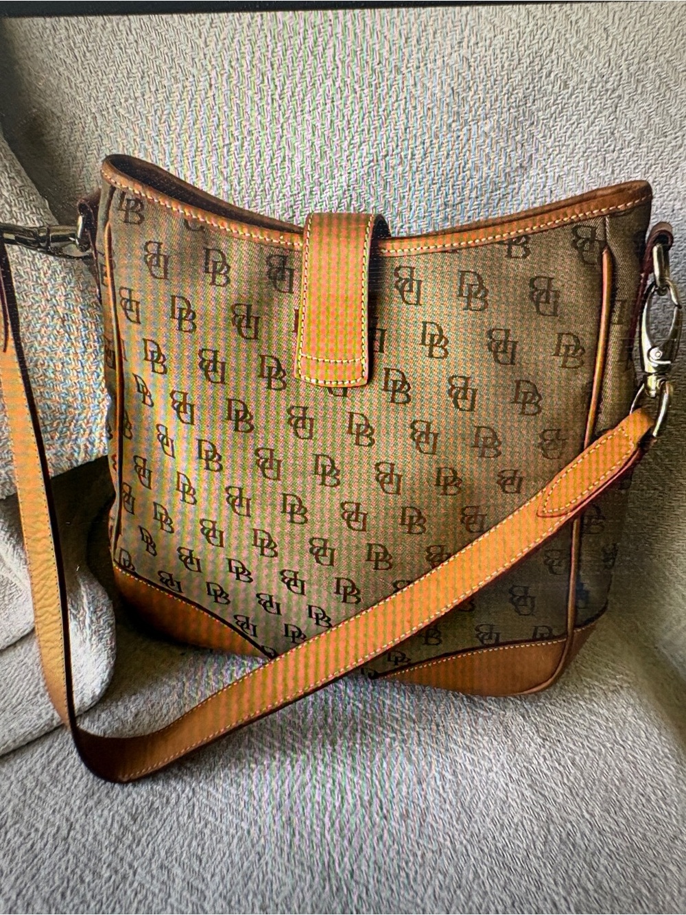 Dooney & Bourke Brown Logo Canvas Shoulder Bag with Tan Trim